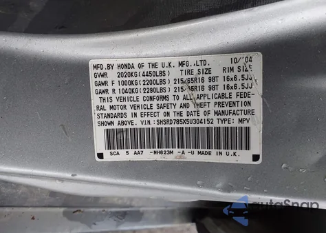 2005 Honda Cr-V Lx z USA, uszkodzony, nr VIN SHSRD785X5U304152